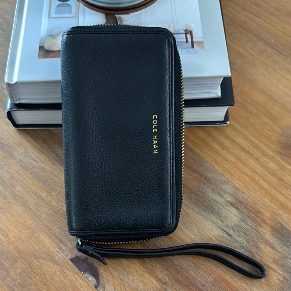 Cole Haan Black Leather Zip Wallet with Wristlet